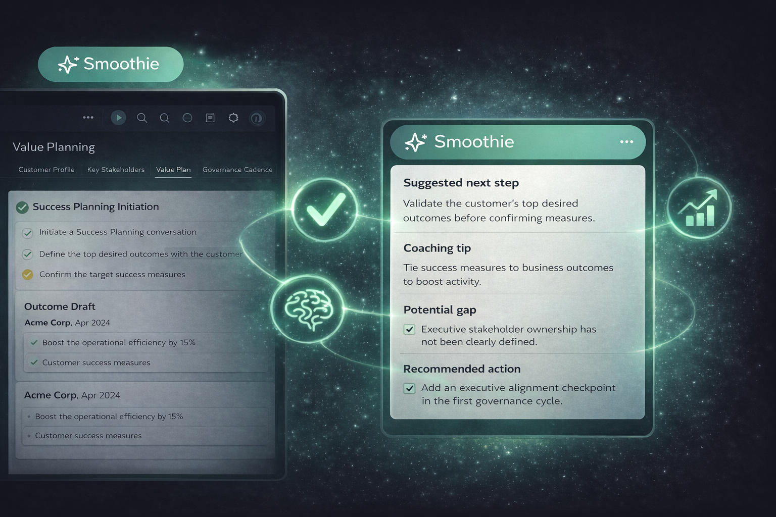 Smoothie AI companion interface showing Value Planning workflow with suggested next steps, coaching tips, potential gaps, and recommended actions embedded in SmoothHub™